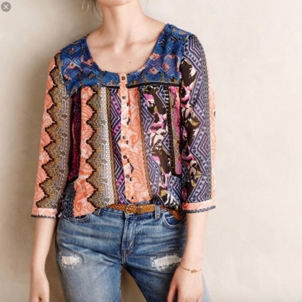 Anthropologie Patchwork Embroidered Blouse